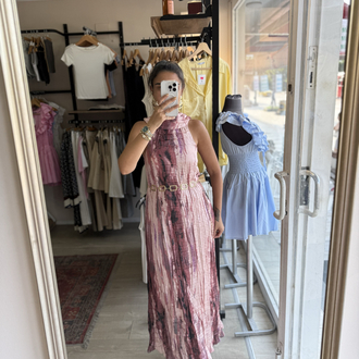 Pembe Desenli Premium Halter Yaka Saten Maxi Elbise