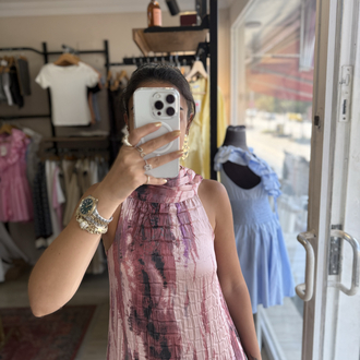 Pembe Desenli Premium Halter Yaka Saten Maxi Elbise