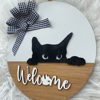 Ahşap Kapı Süsü Kedili Welcome 30 cm