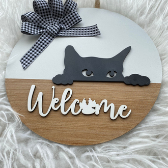 Ahşap Kapı Süsü Kedili Welcome 30 cm