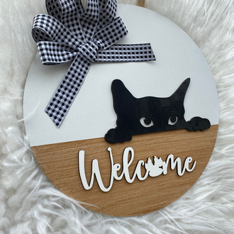 Ahşap Kapı Süsü Kedili Welcome 30 cm