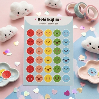 Yuvarlak Emoji Sticker Sheet | Kawaii Duygu ve İfade Sticker Seti | Planner & Journal Sticker