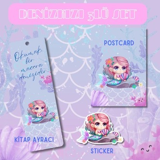 Deniz Kızı Temalı 3’lü Set (Kitap Ayracı + Postcard + Sticker)