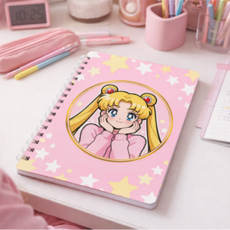 Sailor Moon Tasarımlı Pembe Yıldızlı Spiral Defter - Anime Temalı Defter