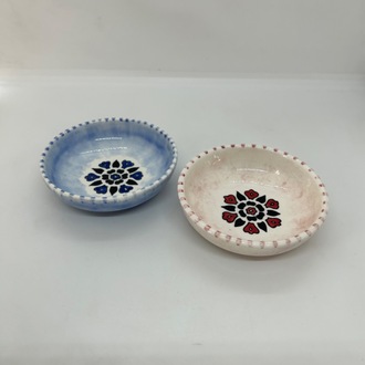 Çini, 2li takım, mini yayvan kase, mavi ve kırmızı