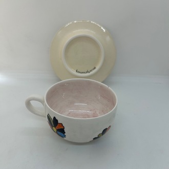 Çini, çiçekli, bahar temalı geniş fincan, tabaklı set
