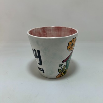 Çini - kulpsuz fincan - çiçekli ev desenli