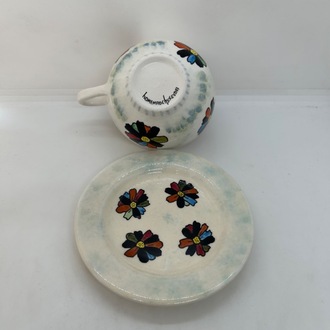 Çini, çiçekli, bahar temalı geniş fincan, tabaklı set