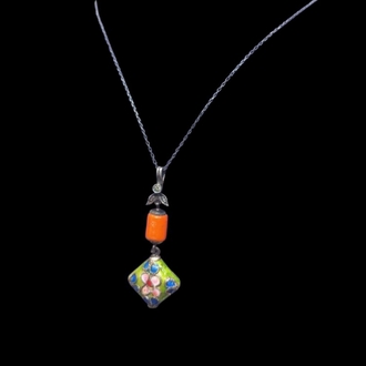 EL İŞİ 0.5 CT PIRLANTALI ANTİKA MERCAN CLİOSONNE GÜMÜŞ KOLYE
