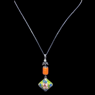 EL İŞİ 0.5 CT PIRLANTALI ANTİKA MERCAN CLİOSONNE GÜMÜŞ KOLYE