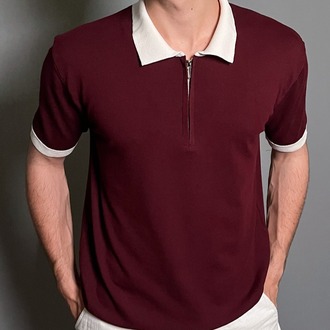 Fermuarlı Polo Yaka Triko Tişört - Bordo