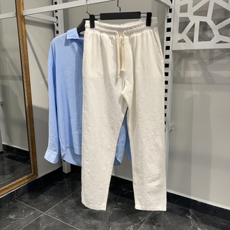 Bebe Mavi Modal Gömlek Ekru Keten Pantolon Kombini