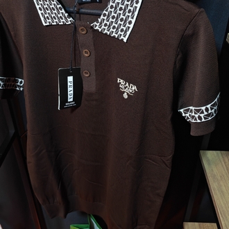Prada Milano Geometrik Desen Detaylı Kahverengi Polo Tişört