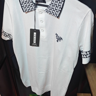 Prada Milano Geometrik Desen Detaylı Beyaz Polo Tişört