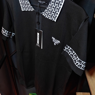 Prada Milano Geometrik Desen Detaylı Siyah Polo Tişört