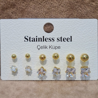 ÇELİK 6 LI TOP VE KARE KOMBİN GOLD KÜPE