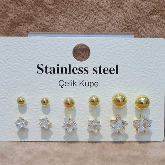ÇELİK 6 LI TOP VE YILDIZ ZİRKON TAŞLI GOLD KAPLAMA KOMBİN KÜPE