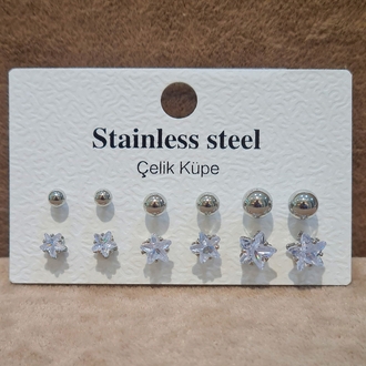 ÇELİK TOP VE YILDIZ ZİRKON TAŞLI 6 LI  KOMBİN KÜPE