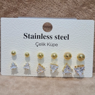 ÇELİK 6 LI TOP VE ÜÇGEN MODEL GOLD RENK KOMBİN KÜPE