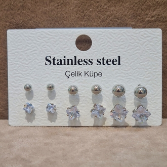 ÇELİK TOP VE KARE TEK TAŞ 6 LI KOMBİN KÜPE