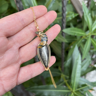 Gold Shine Obsidyen & Kaplan Gözü Tel Sarma Kolye