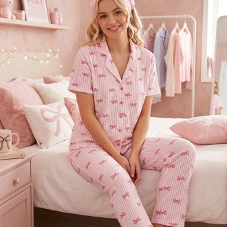 Pembe Kurdele Desenli Bürümçük kumaş Kısa Kollu Pijama Takımı 