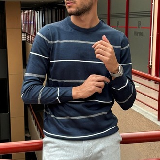 Erkek, Çizgi detaylı, standart fit, Old Money Culture, Bisiklet yaka, triko örme kazak 24PLTK04