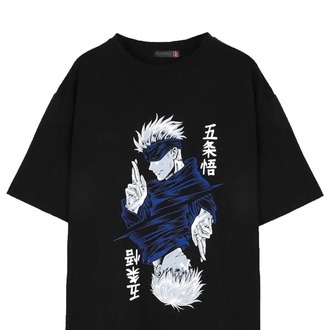 - Unisex Oversize Anime Jujutsu Kaisen Gojo & Itadori Baskılı Siyah Tişört