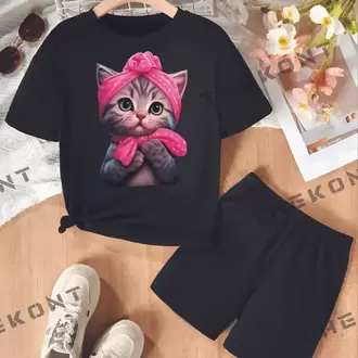 ŞEKER KEDİ BASKILI TSHİRT-ŞORT ALT-ÜST TAKIM