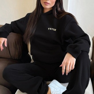 Fetch Eşofman Takımı Sweatshirt Jogger - Siyah Baskılı Oversize Şardonlu Kapüşonlu