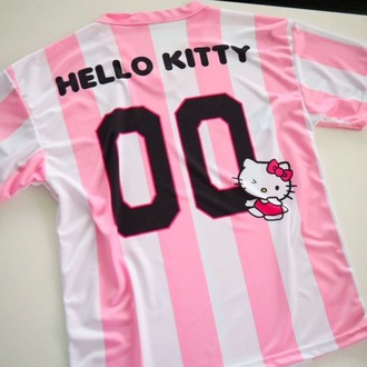  Pembe Beyaz V Yaka Çubuklu Jersey Hello Kitty T-Shirt