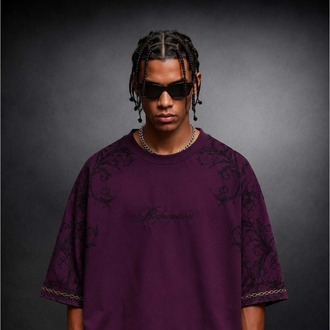 Erkek Mürdüm Redemption Patchli Baskılı Oversize Tshirt