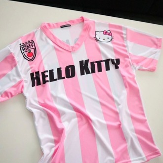  Pembe Beyaz V Yaka Çubuklu Jersey Hello Kitty T-Shirt