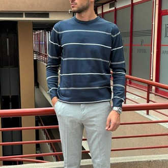 Erkek, Çizgi detaylı, standart fit, Old Money Culture, Bisiklet yaka, triko örme kazak 24PLTK04
