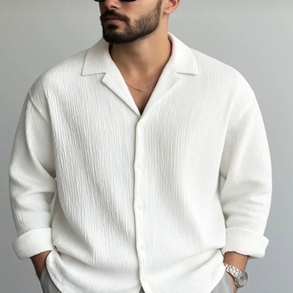 Erkek Ütü İstemeyen Oversize kırık beyaz Bürümcük Gömlek BEYAZ