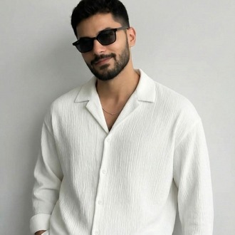 Erkek Ütü İstemeyen Oversize kırık beyaz Bürümcük Gömlek BEYAZ
