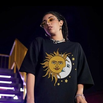 Kadın Siyah Güneş Ay Baskılı Oversize Penye T-shirt Tişört