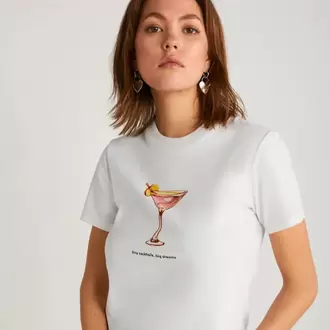 Cocktail Baskı Desenli Kısa Kollu Organik Pamuklu Bisiklet Yaka Crop Sarı T-shirt