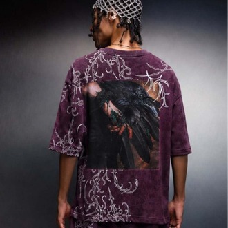 Erkek Mürdüm Crow Patch Oversize Yıkama Efektli Tshirt