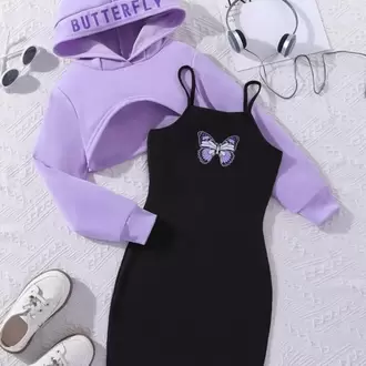 Çocuk Butterfly Baskılı Elbise & Crop Sweatshirt 2'li Kombin