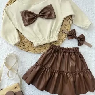 Kız Çocuk & Bebek Takımı Deri Etek Fiyonklu Badi Bandana Takımı