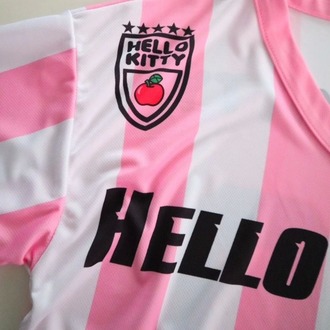  Pembe Beyaz V Yaka Çubuklu Jersey Hello Kitty T-Shirt