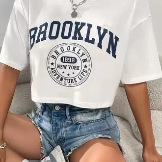 Kadın Oversize Crop T-shirt 2li Paket Beyaz - Gri Brooklyn Baskılı