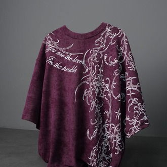 Erkek Mürdüm Crow Patch Oversize Yıkama Efektli Tshirt