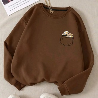  Çiçek Baskılı Bisiklet Yaka Pamuklu Sweatshirt
