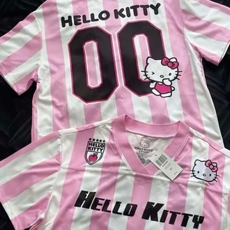  Pembe Beyaz V Yaka Çubuklu Jersey Hello Kitty T-Shirt