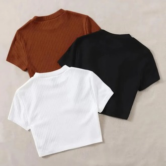 Kadın 2 Li Adet Fitilli %100 Pamuklu Bisiklet Yaka Örme Crop T-shirt