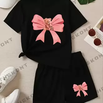 PEMBE KURDALE BASKILI TSHİRT-ŞORT ALT-ÜST TAKIM