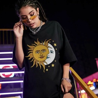 Kadın Siyah Güneş Ay Baskılı Oversize Penye T-shirt Tişört