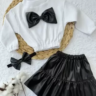 Kız Çocuk & Bebek Takımı Deri Etek Fiyonklu Badi Bandana Takımı
